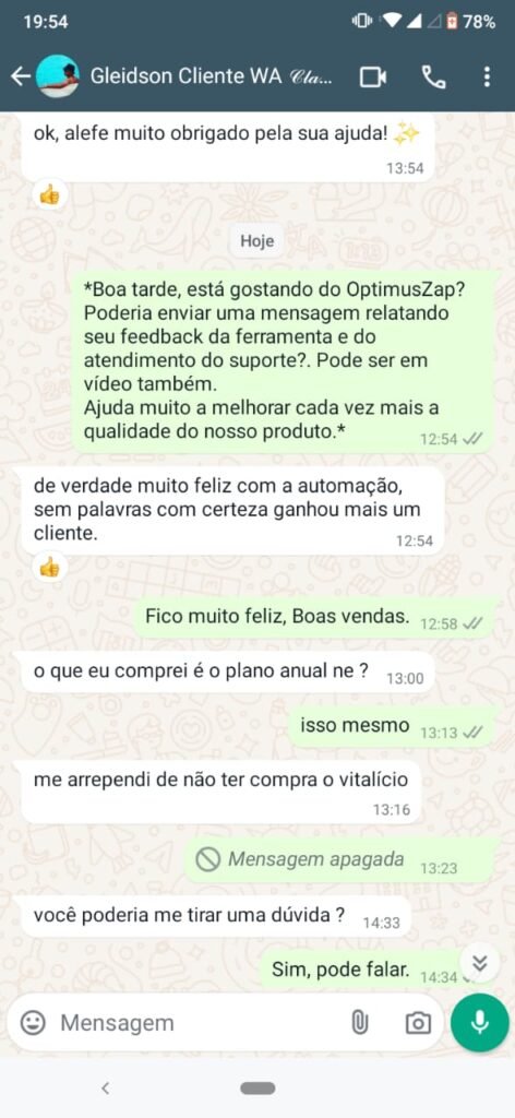 Print completo de depoimento 4 sobre o WA Sender Pro